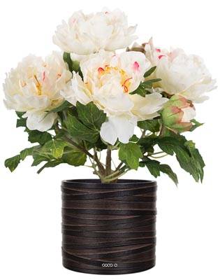 Pivoine factice en pot H 35 cm 4 fleurs et 2 boutons Blanc rose