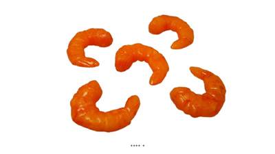 Crevettes oranges cuites en plastique souflé x5, Longueur 5 cm, largeur 4 cm